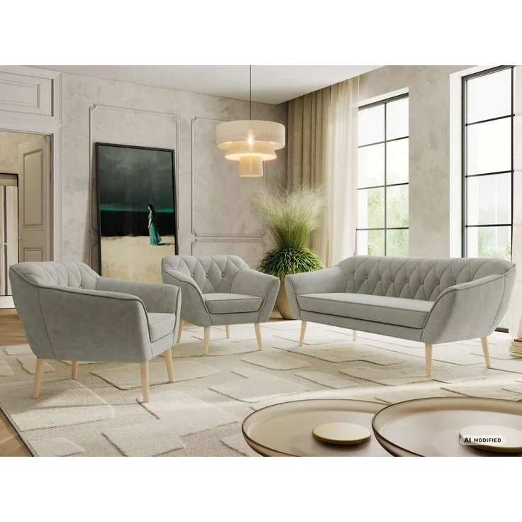 Wohnzimmerset PIRS 1-1-3, Skandinavisches 3-Sitzer Sofa mit Sesseln, Sofa mit Wellenfederung, Buche Füße, Skandinavisches Möbelset - Hellgrau Stukture