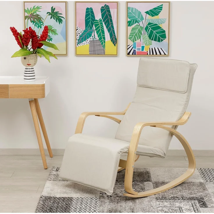 Baroni Home Schaukelstuhl mit Armlehnen aus Holz, ergonomischer Schaukelsessel mit Kopfstütze, 5-Höhen Fußstütze, bis 150 kg, Schlaf- und Wohnzimmer, Beige, 82 x 67 x 98 cm – Bild 2