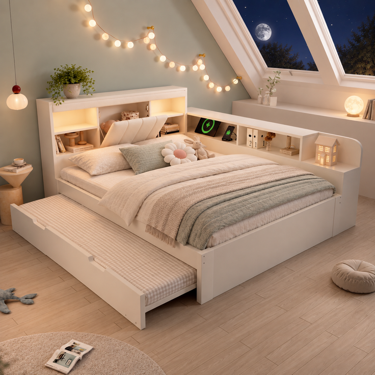 Ausziehbett 140×200 cm mit Zusatzbett 90×190 cm, gepolstertem Kopfteil, Weiß, ohne Matratze