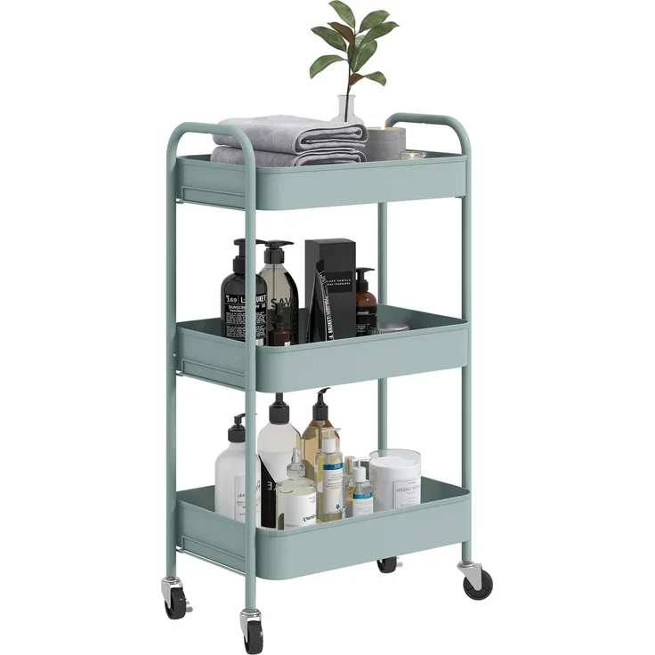 JARDJ Servierwagen mit 3 Körben und Stahlrahmen für Wohnzimmer, Schlafzimmer, Büro und Küche, 45 x 30,6 x 79 cm, Hellblau