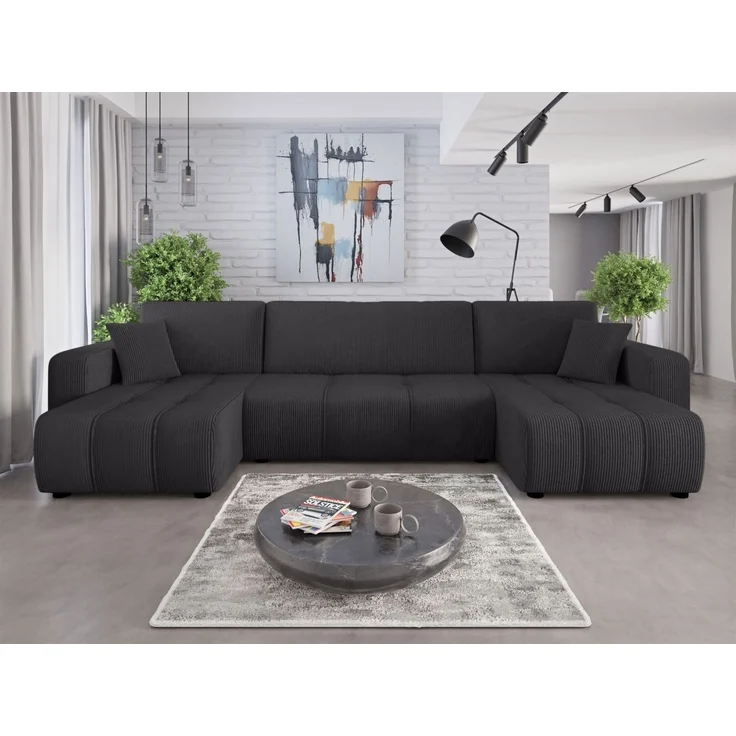 Wohnlandschaft mit Schlaffunktion DAGNY Sofa U-Form in Stoff Poso Schwarz – Bild 1