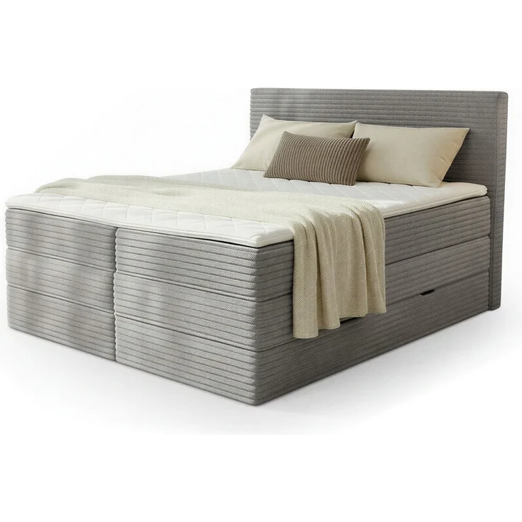 Boxspringbett Mollo XL mit 2 Bettkästen und Topper, mit Taschenfederkern- und Bonellfederkernmatratze, Doppelbett, Polsterbett aus Cordstoff mit Stauraum (Grau (Tilia 86), 160 x 200 cm) – Bild 2