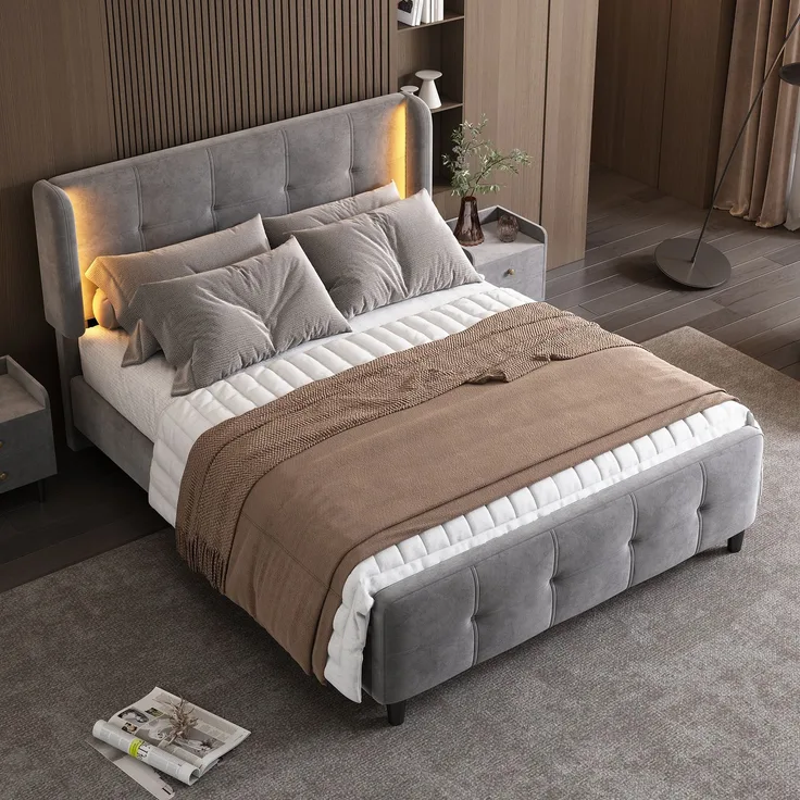 Polsterbett 140x200 Grau mit LED 16 Farben, Samt Doppelbett mit gesteppter Lehne, höhenverstellbarem Kopfteil, modernes LED-Bett