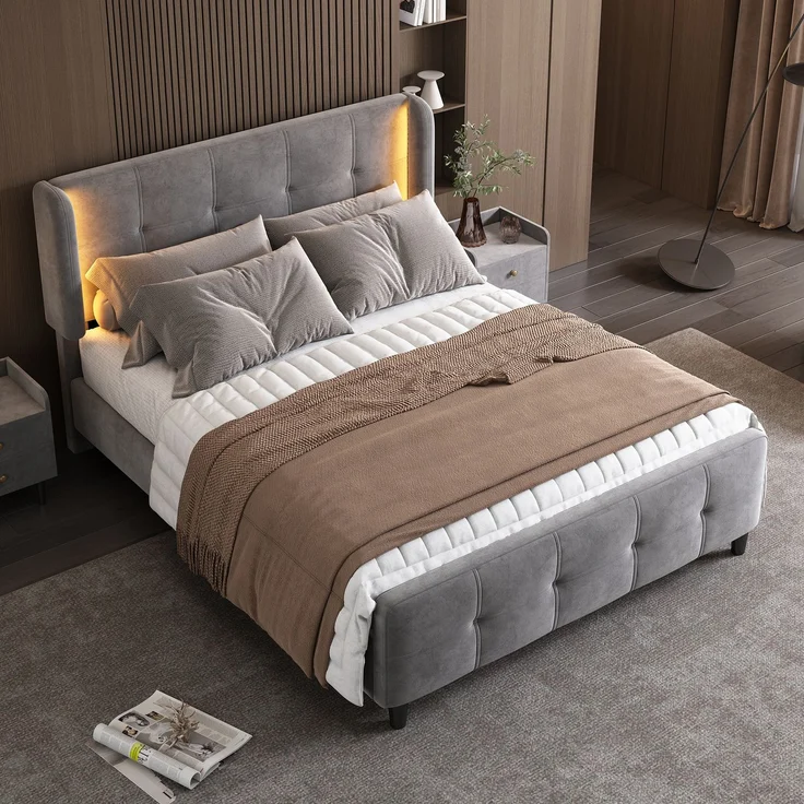 Polsterbett 140x200 Grau mit LED 16 Farben, Samt Doppelbett mit gesteppter Lehne, höhenverstellbarem Kopfteil, modernes LED-Bett – Bild 1