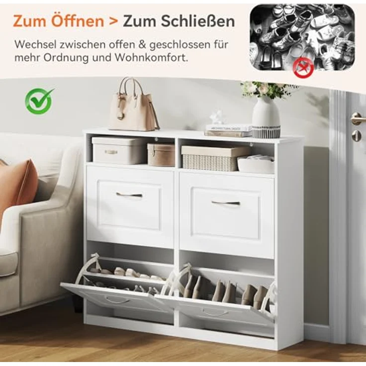 Sweetcrispy Schuhschrank mit 4 Klappen, schmaler Schuhkipper mit offenen Ablagefächern, verstellbare Trennwände, platzsparend für Flur/Diele/Eingang, 104 x 90 x 24 cm, Weiß – Bild 6
