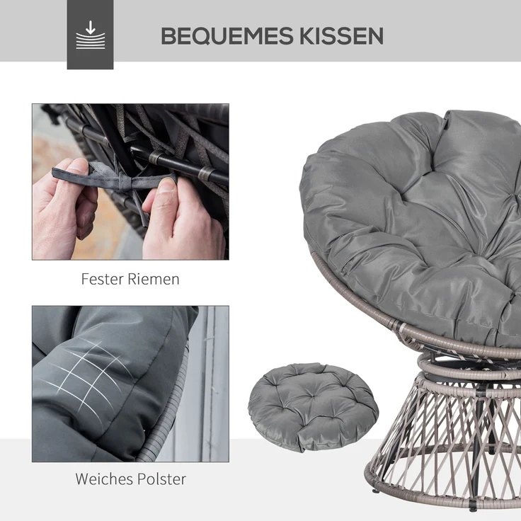 Outsunny Papasansessel Korbsessel mit Polster 360 Grad drehbar Rattan Grau B87 x T97 x H86 cm für Garten & Wohnzimmer--Grau--87x97x86cm--YOUDENOVA – Bild 5