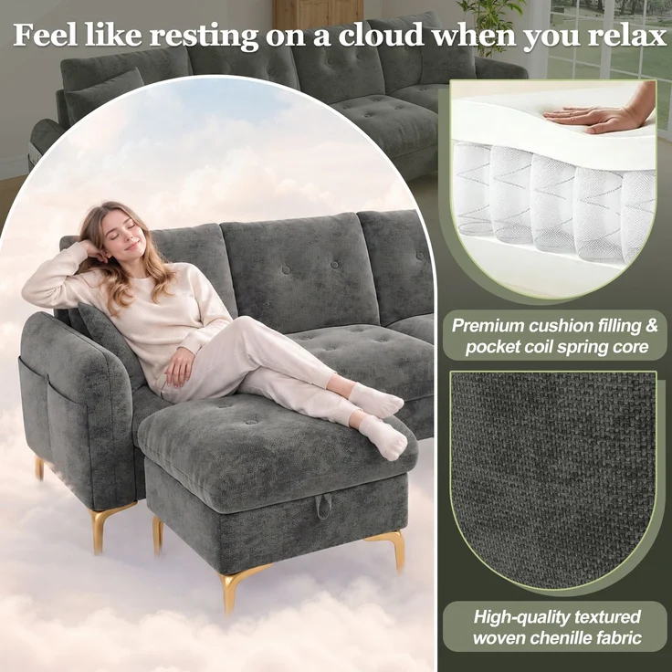 ZUBALIYA SchlafSofa mit Stauraum, mit Chenille - Bezug, mit Samtbezug, mit Knopfheftung, mit breiten Armlehnen, Grau – Bild 17