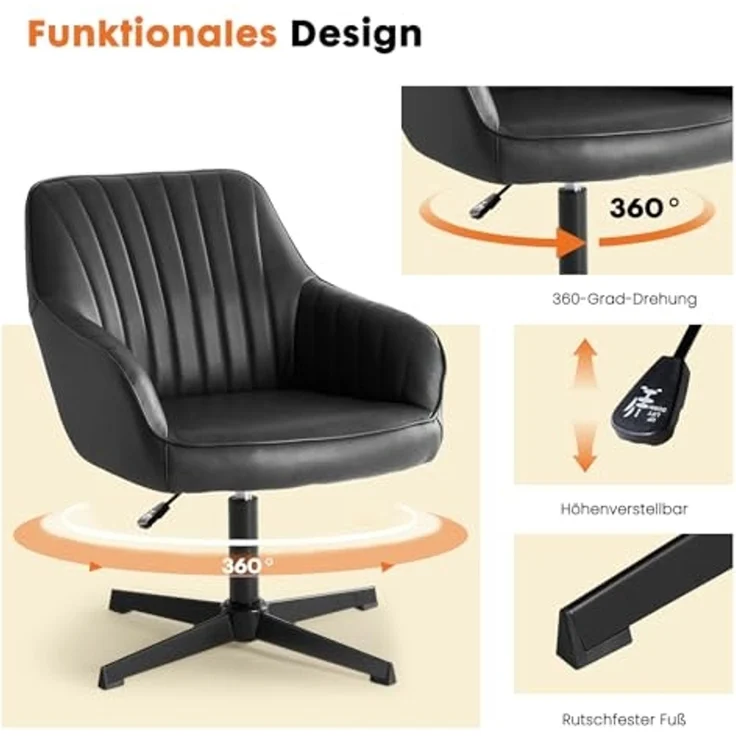 Sweetcrispy Esszimmerstühle, Küchenstuhl Drehbar & Höhenverstellbar - Leder Sessel Esstisch mit Armlehne, 360° Drehstuhl Esszimmer in Schwarz, 6 Stück – Bild 7