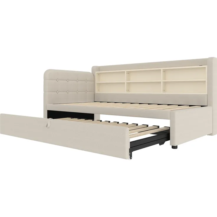 Stauraumbett mit Lattenrost, Regal, USB und Type-C Anschluss, 90x200cm/180x200cm, Liegefläche erweiterbar, Einzelbett, Polsterbett, Leinen – Bild 7