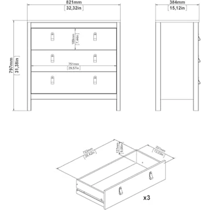 Dmora - Kommode Joceline, Mehrzweckkommode, Schlafzimmerkommode, Schrank mit Schubladen, 82x38 h80 cm, Schwarz – Bild 3