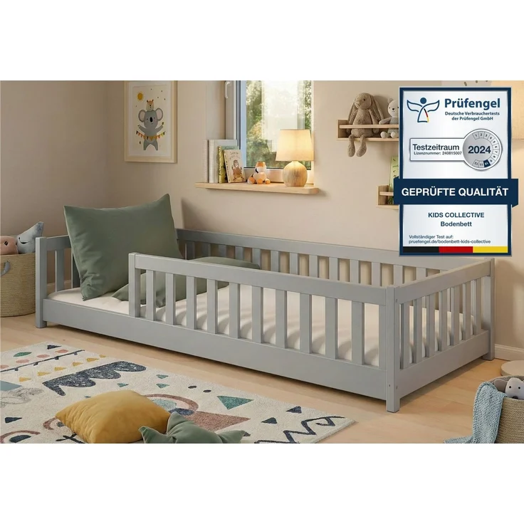 Kids Collective Kinderbett Bodenbett Bett mit Rausfallschutz & Lattenrost Montessori Bett Kinder (Jungen, Mädchen, Kinder, weitere Größen 80x160, 80x180, 90x200, 120x200, 140x200 cm), Jugendbett Gitterbett Einzelbett mit Matratze, Aschgrau 90x190 cm – Bild 1