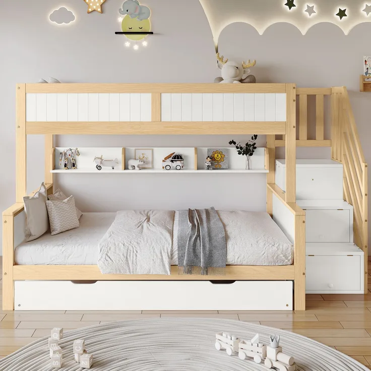 Merax 90x200&120*200cm Etagenbett, Kinderbett, mit Fallschutz und Gitter, Entworfen mit drei Bettpositionen, mit Rollbett, mit Kleiderschrank, Ecktreppe, Kiefer+MDF, Weiß+Natur