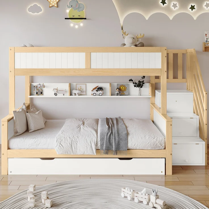 Merax 90x200&120*200cm Etagenbett, Kinderbett, mit Fallschutz und Gitter, Entworfen mit drei Bettpositionen, mit Rollbett, mit Kleiderschrank, Ecktreppe, Kiefer+MDF, Weiß+Natur – Bild 1