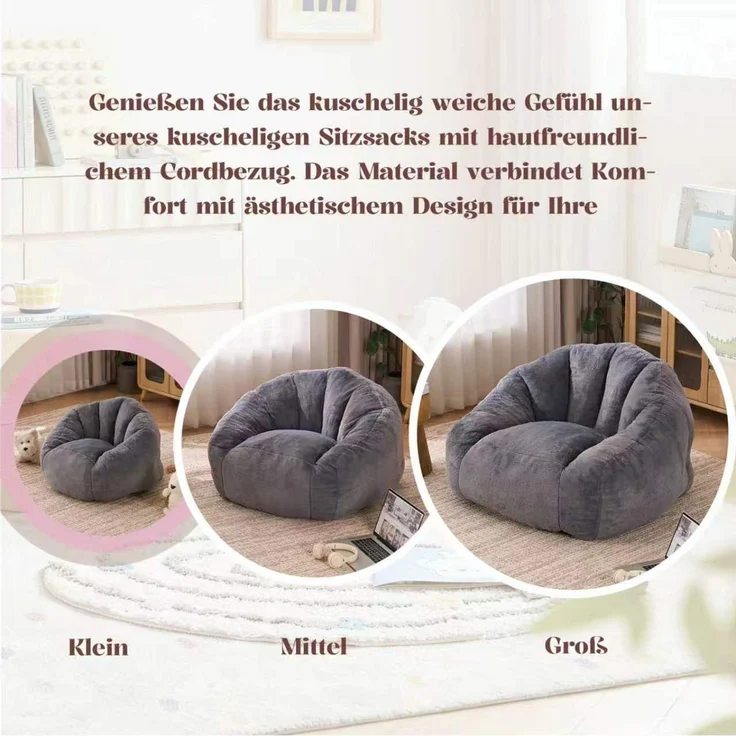 Sitzsack, weicher Plüsch-Sitzsack, bequemer Sitzsack, geeignet für Spielzimmer, Leseecke, Wohnzimmer und Kinderzimmer, für Jungen und Mädchen - klein--Herde--75x70x52cm--YOUDENOVA – Bild 9