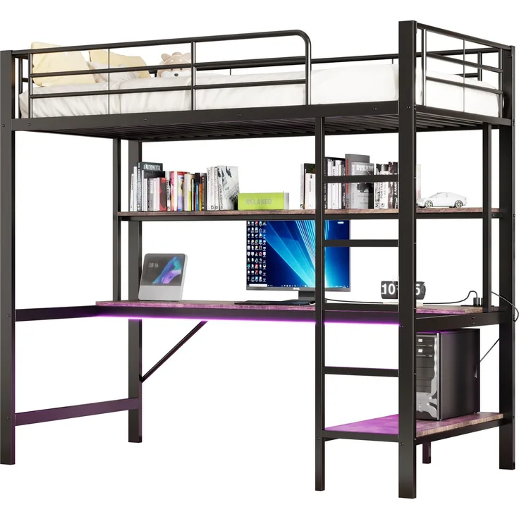 Hochbett 90x200 cm, Kinderbett und Jugendbett, mit Schreibtisch, mehrstöckigem Regal, LED-Licht und USB/Steckdose, Metall, Schwarz