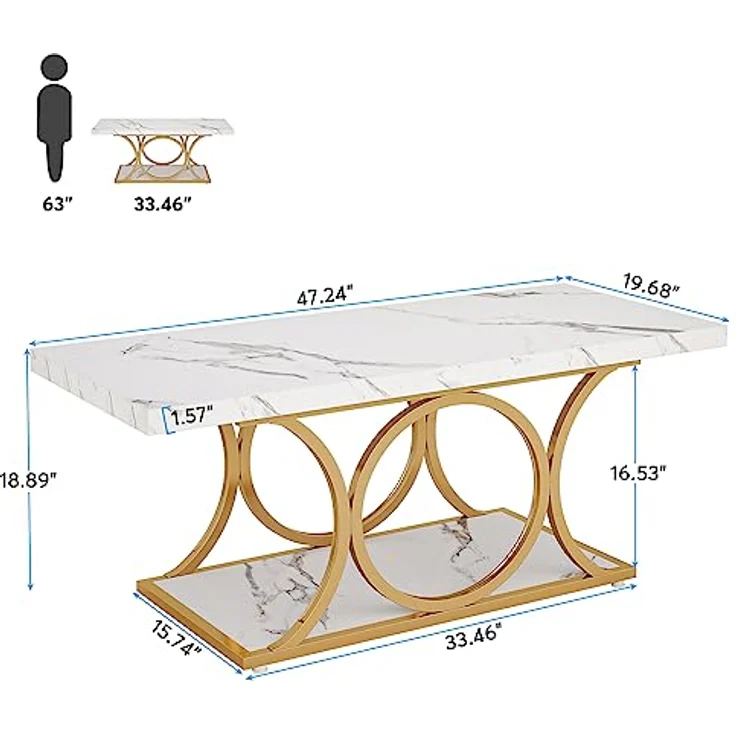 LITTLE TREE Weißer rechteckiger Couchtisch, 119 cm, moderner Couchtisch für Wohnzimmer, 2-stöckiger Couchtische aus Kunstmarmor, mit Stauraum, großer Mitteltisch mit goldfarbenen Metallbeinen – Bild 3