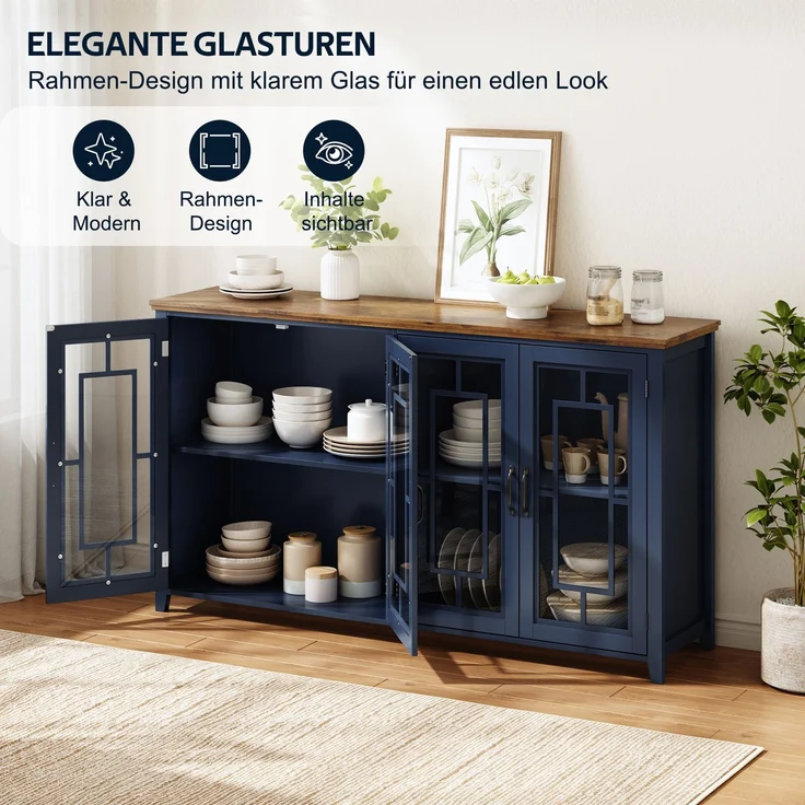 Merax 160cm Küchen-Sideboard mit Glastüren, einem geräumigen Staufach, einer Arbeitsplatte in Holzoptik und einer Kippsicherung, Blau – Bild 7