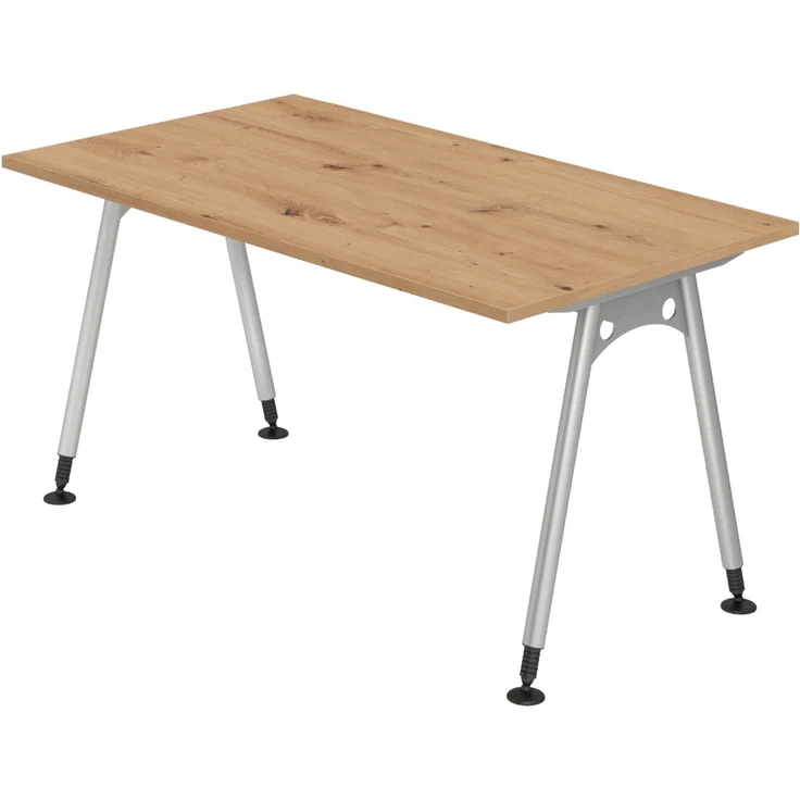 bümö manuell höhenverstellbarer Schreibtisch 140x80 cm in Asteiche - PC Tisch höhenverstellbar & klein, höhenverstellbarer Tisch Büro, kleiner Computertisch verstellbar, A-Serie, AS-14-R – Bild 1