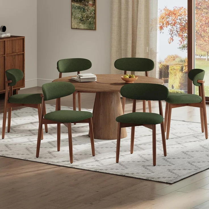 MALOL Stühle Esszimmer 6er Set, Gepolsterte Küchenstühle mit Hochdichtem Schaumstoff, Atmungsaktiver Stoffbezug, Ergonomische Rückenlehne, Gummiholzgestell Nussbaum-Optik, Küche Wohnzimmer Café, Grün