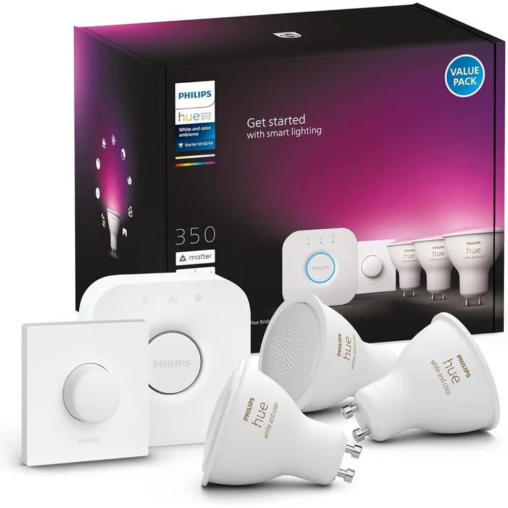 Philips Hue White & Color Ambiance GU10 3er Starter Set, inkl. Smart Button und Bridge, 3x350lm, dimmbar, 16 Mio. Farben, steuerbar via App, kompatibel mit Amazon Alexa (Echo, Echo Dot)