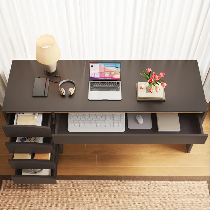 Schreibtisch mit 5 Schubladen, MDF, 140x50x78 cm, Grau mit Eiche-Optik – Bild 2