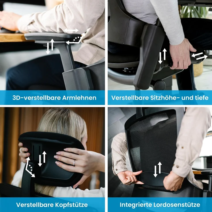 Ergotopia 'NextBack' ergonomischer Bürostuhl mit integrierter Lordosenstütze, Drehstuhl mit 3D Armlehnen & verstellbarer Kopfstütze, Schwarz – Bild 6