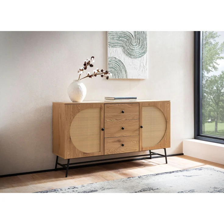 FINEBUY Sideboard FB103436 (140x80x40 cm Anrichte, Eiche-Dekor Rattangeflecht), Kommode Türen & Schubladen, Hoher Kommodenschrank – Bild 2
