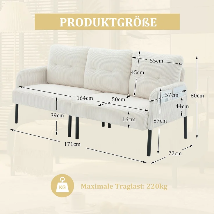 LVHOM 3-Sitzer Sofa mit Metallsockel, Polstersofa mit Seitentaschen, Loungesofa aus Cordstoff, Ergonomisches Stoffsofa, 171x72x80cm – Bild 6