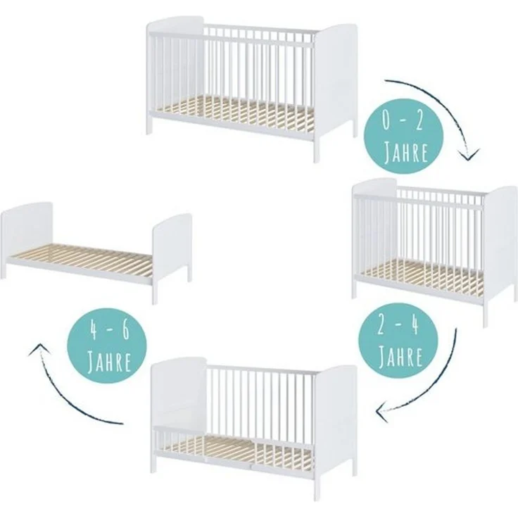 Babybett Kinderbett 70x140 mit Matratze Umbaubares Gitterbett höhenverstellbar & herausnehmbare Sprossen | Weiss Vollholz Kiefer Made in Europe – Bild 4