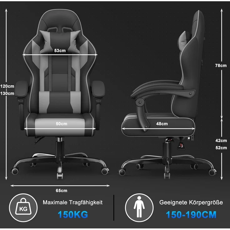 Devoko Gaming Stuhl mit Massagefunktion, Bürostuhl Ergonomisch mit Verstellbarer Ruckenlehne (90-135), Schreibtischstuhl mit Bewegliche Armlehne, max 150kg, Grau – Bild 3