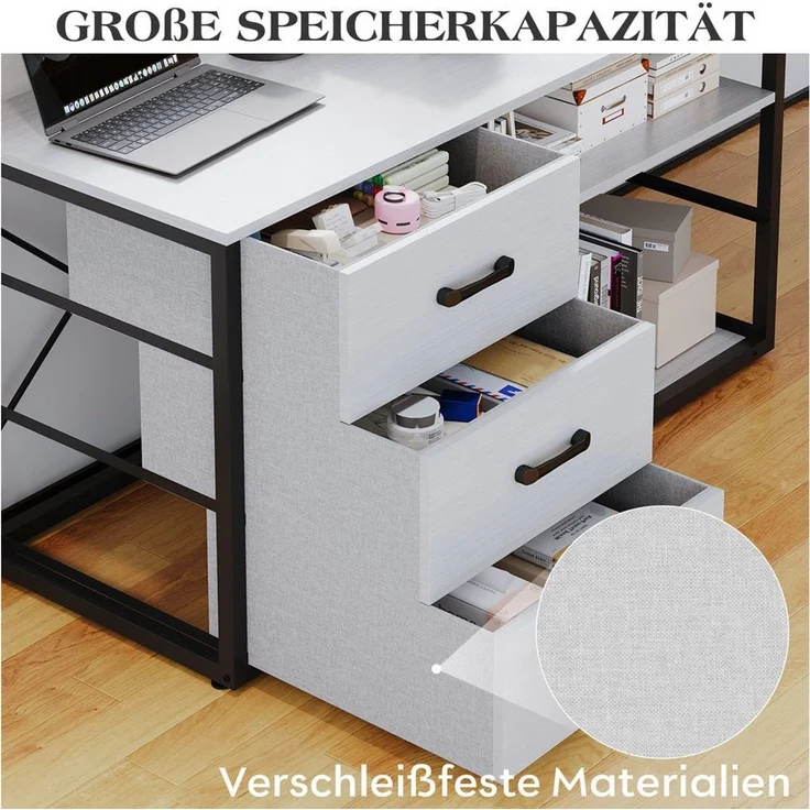 HOMALL Schreibtisch L-förmiger Eckschreibtisch mit USB-Anschluss und zwei Steckdosen. (140 x 100 x 75 cm, mit Monitorständer und Beleuchtung, L-förmiger Schreibtisch/Gaming-Tisch, umwandelbar in einen I-förmigen Schreibtisch, mit drei Schubladen und zw... – Bild 4