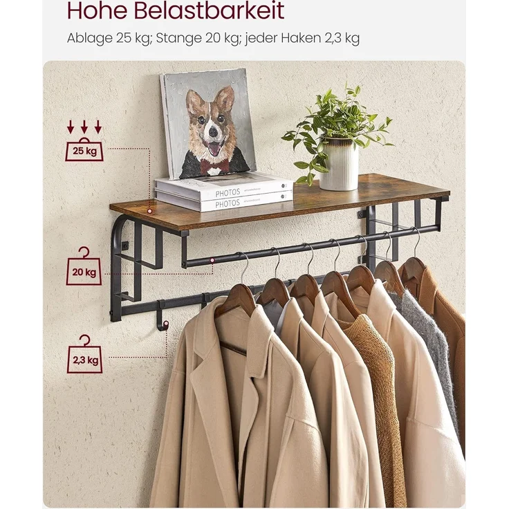 Vasagle Wandgarderobe mit Ablage und 5 abnehmbaren Haken, Holz vintagebraun-schwarz, 80 x 30 x 27 cm – Bild 9