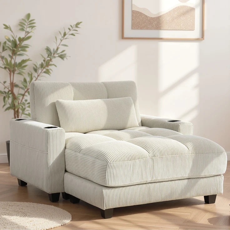 Sofa-Bett mit Kissen, Schaumstoff, zum Bett umwandelbar, Becherhalter, Cremeweiß--Cremeweiß--147x114x86cm--YOUDENOVA – Bild 4