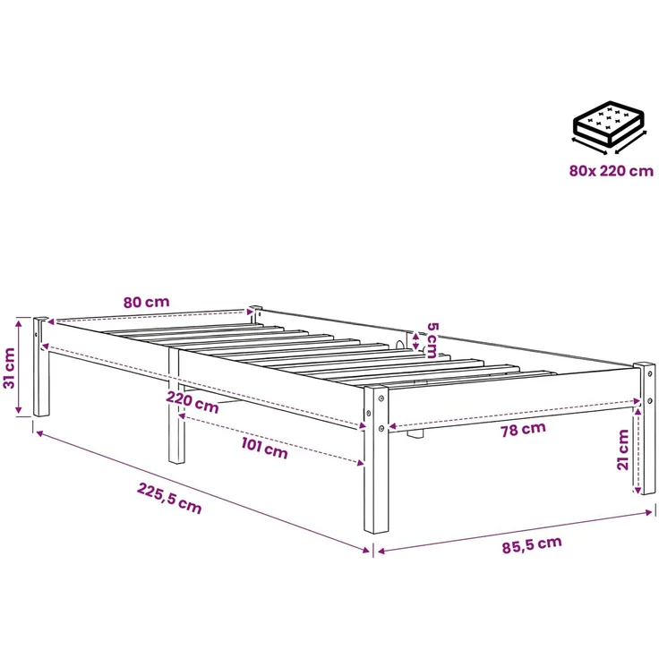 vidaXL Massivholzbett Extra Lang ohne Matratze 80x220 Kiefernholz 852414 – Bild 9