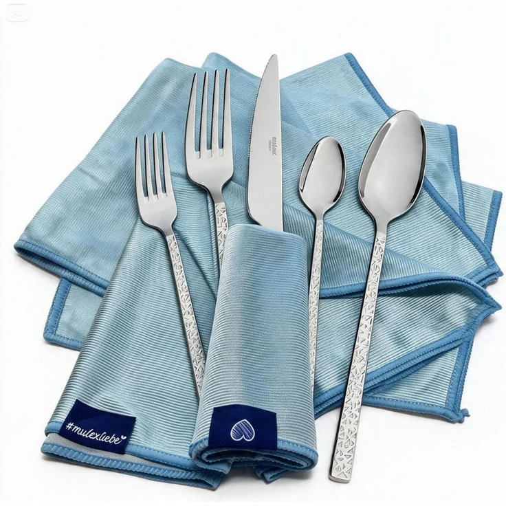 Mulex Besteck-Set Siena, Besteckset mit 3 Multifunktionstüchern (63-tlg), 12 Personen, Edelstahl 18/0, Kratzfestes Besteck mit edlem Design und angenehmer Haptik – Bild 4