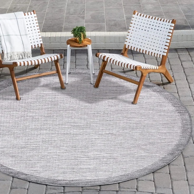Outdoor Teppich Rund - 200x200cm - Wetterfest - Grau Weiß - Bordüre - Teppiche für Terrasse Balkon Garten Indoor – Bild 2