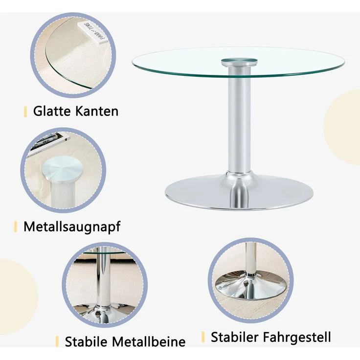 Runder Couchtisch aus Glas ca. 70 cm – Beistelltisch mit gehärteter Glasplatte & stabilem Metallgestell, moderner Wohnzimmertisch in Gold / Schwarz / Silber--Silber--70x70x45cm--YOUDENOVA – Bild 3