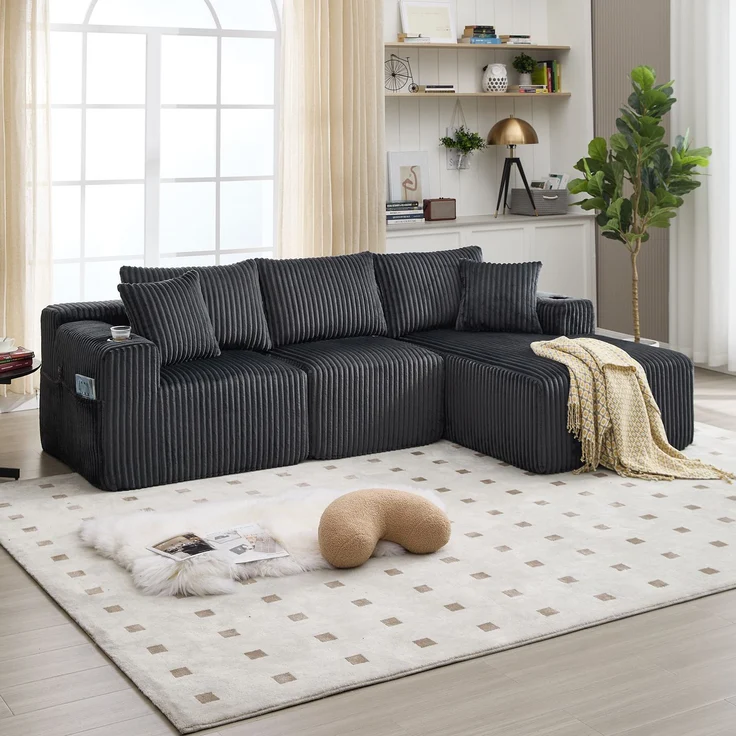 Modulares Sofa Set mit Chaiselongue & 2-Sitzer in Grau, weicher Cordbezug, 5 Kissen & Getränkehalter – Bild 3