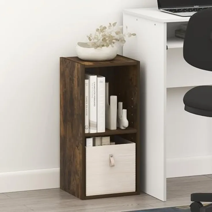 Furinno Fulda Bücherregal, 2-stöckiges schmales Bücherregal, Regal mit 10-Zoll breitem Stauraum, 23,6(T) x 25,0(B) x 53,8(H) cm, für Wohnzimmer, Schlafzimmer, Home Office, Amber-Kiefer