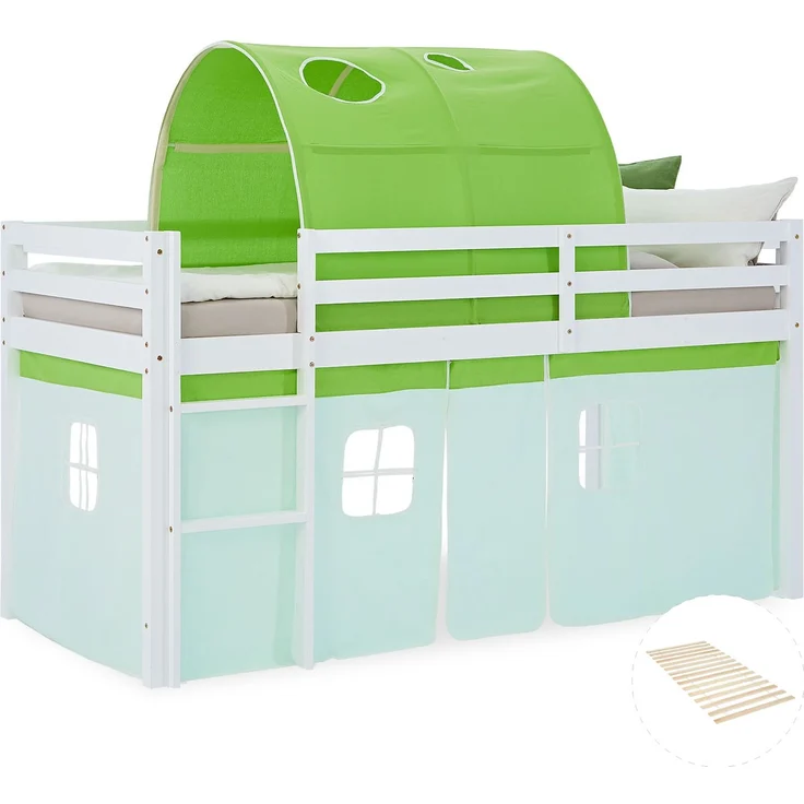 Hochbett Kinder 90x200 cm mit Lattenrost Kinderbett Kinderhochbett Stockbett Tunnel Vorhang Grün Holz Massiv – Bild 1