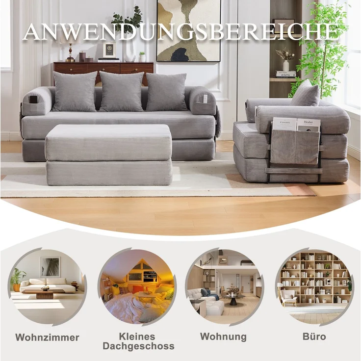 Modulares Sofa-Set aus Cord, mit Metallgestell & Seitentasche, 200x94x67 cm, Hellgrau – Bild 6