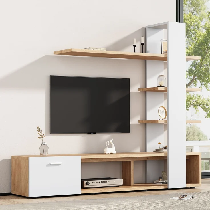 Home Wohnzimmer-Wandschrank, Wohnzimmermöbel-Set 180 x 33,5 x 151,5 cm, geeignet für Fernseher unter 60 Zoll, modernes Eichenweiß TV-Schrank,Lowboard,TV Wohnwand Set,Wohnzimmer Möbel Set--Weiß, Holz--180x33.5x151.5cm--YOUDENOVA – Bild 7