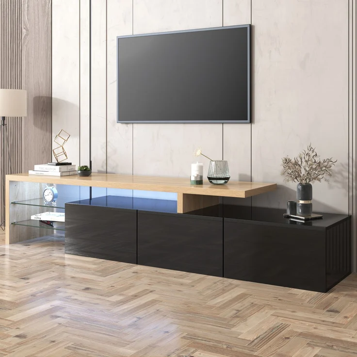 TV-Lowboard 197.5 cm mit LED-Beleuchtung, Glasböden & 3 Schränken, modernes Schwarz-Holz Design für Wohnzimmer – Bild 2
