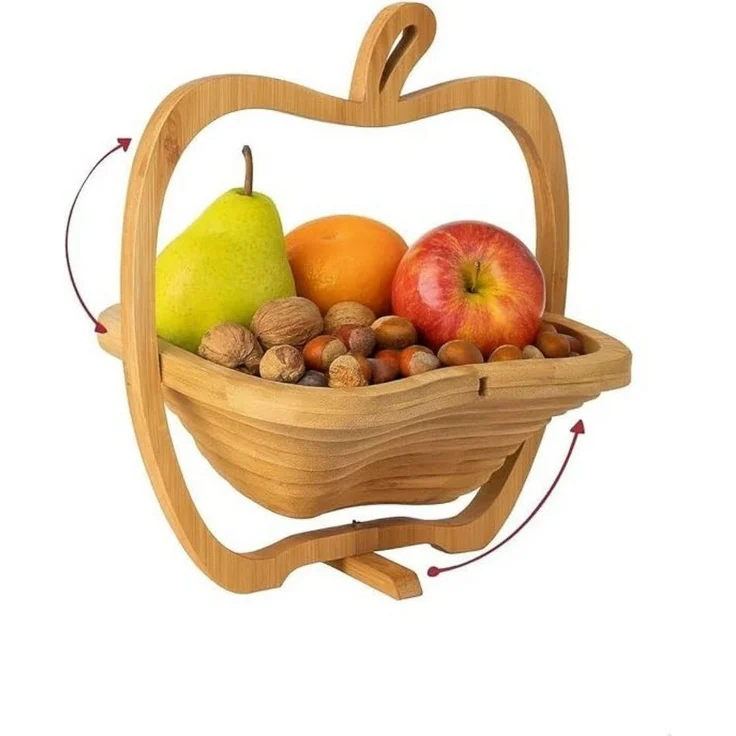 hausleben Obstschale aus Bambus 3-in-1, (1-tlg), Faltkorb, Klappbarer Korb & Schneidebrett im Apfel-Design – Bild 2