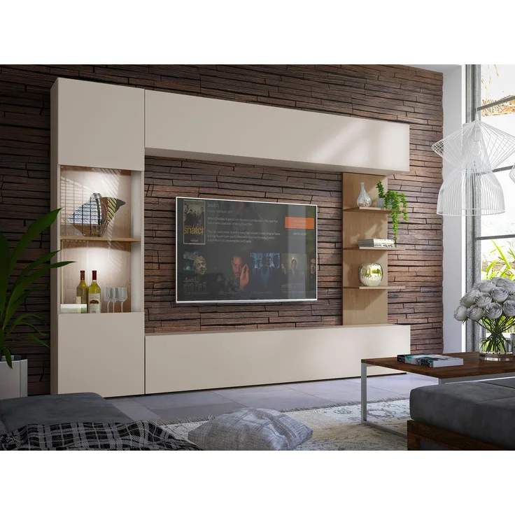 Wohnwand Lazando, mit weißer LED Beleuchtung, Farbe: Cashmere + Cremona Eiche