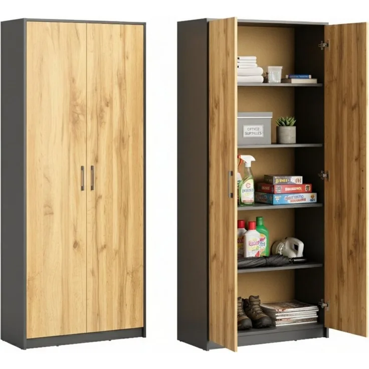 Home Collective Mehrzweckschrank Aktenschrank mit 5 Fächern Haushaltsschrank (74 cm breit aus Laminatplatte und hochwertigen Polymergriffen) in mattem Finish mit 4 Einlegeböden und 2 Türen graphit Eiche