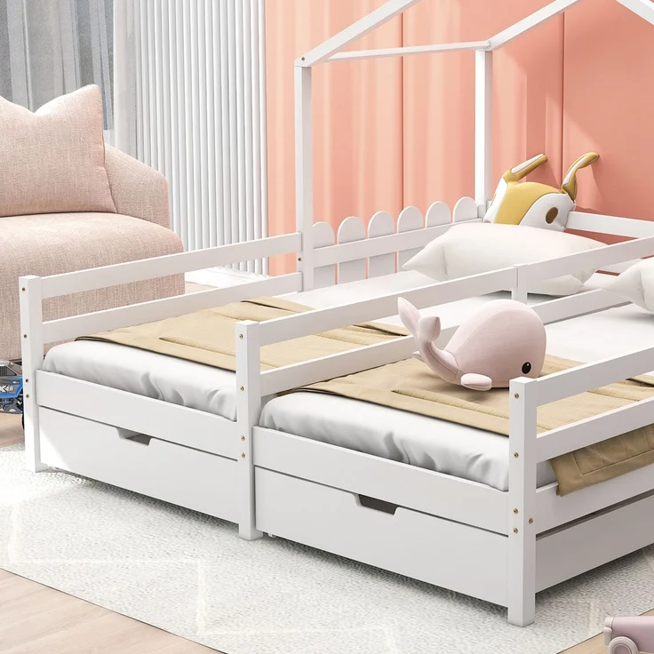 Haus-Doppelbett 208x188,5x158 geteiltes Kinderhausbett mit 2 MDF-Schubladen auf Rollen, Kiefer-Massivholz-Lattenrost, Patchwork-Schutzzaun, weiß – Bild 7