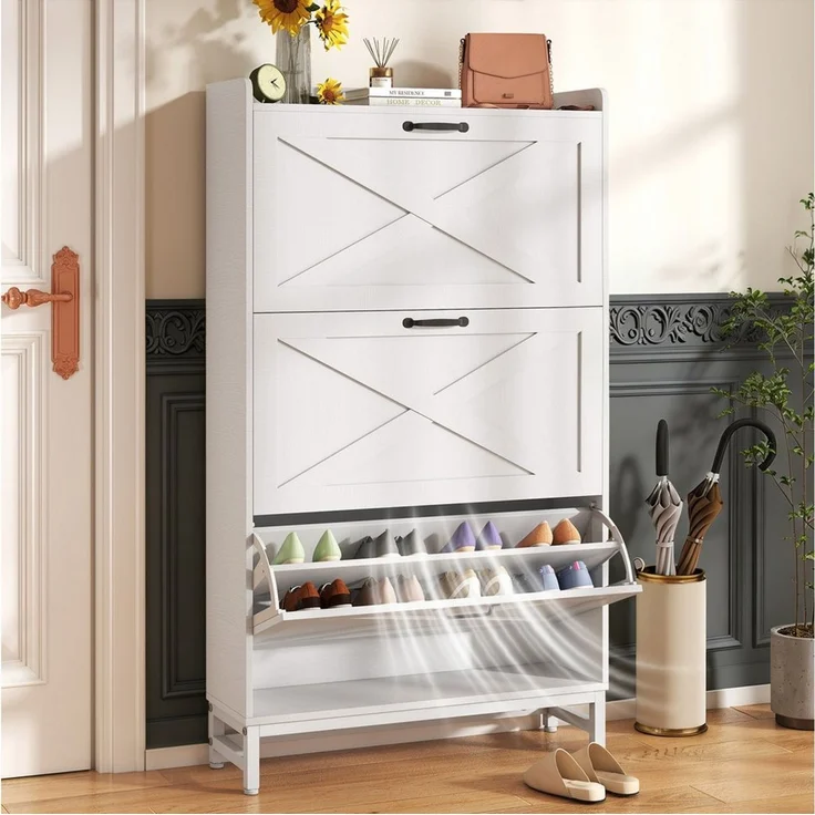 HawthyHome Schuhschrank 80 x 24 x 138 cm, hoch mit 3 Klappen für 18–24 Paar Schuhe (1-St) Schmaler Schuhkipper mit verstellbaren Trennwänden – Bild 3