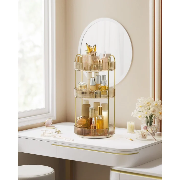 SONGMICS Make-up Organizer drehbar, Kosmetik-Organizer rund, 3 Ebenen, Kosmetik Aufbewahrung, anpassbar, für Schminktisch, Geschenkidee, champagnergold JKADE011A01 – Bild 2