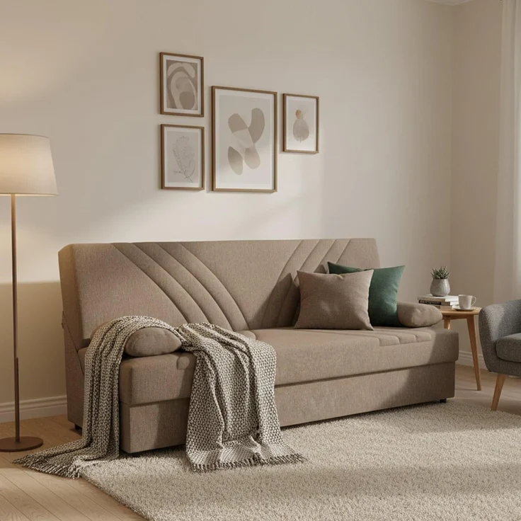 Dmora - Schlafsofa Ramon, 3-Sitzer-Container-Schlafsofa mit 2 Kissen inklusive, Wohnzimmersofa aus gepolstertem Stoff mit Klick-Klack-Öffnung, Cm 181x81h88, Beige